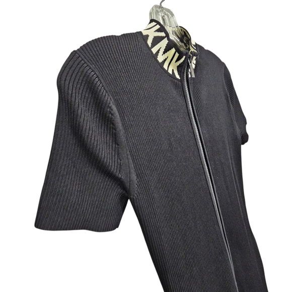 Nwot Michael Kors Black Ribbed Knit MK Logo Neckline Shortsleeve Zipfront Dress - Picture 8 of 17